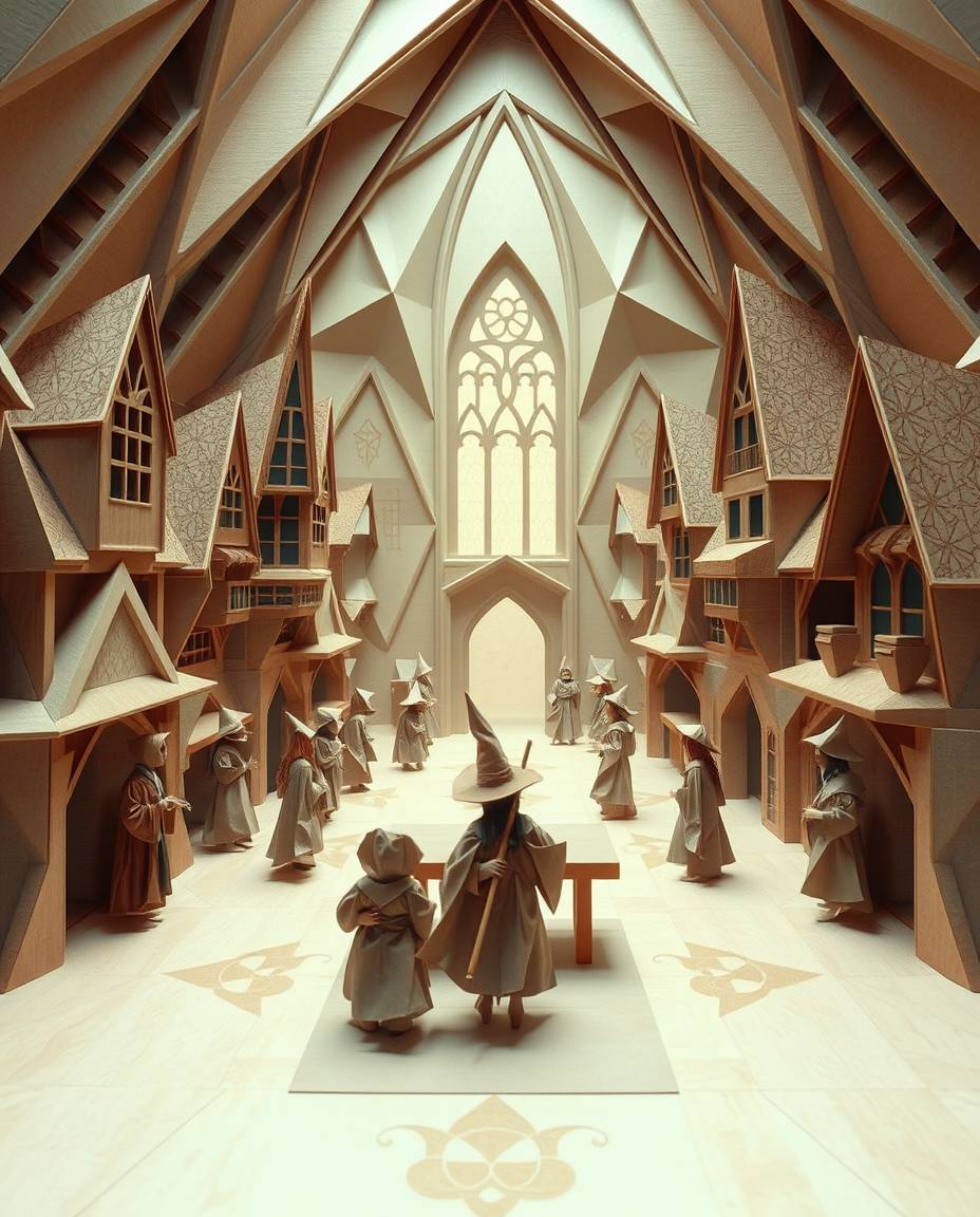 A magical school populated by young wizards is brought to life in this intricate origami design. The artwork exudes an ethere