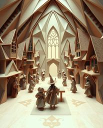 A magical school populated by young wizards is brought to life in this intricate origami design. The artwork exudes an ethere