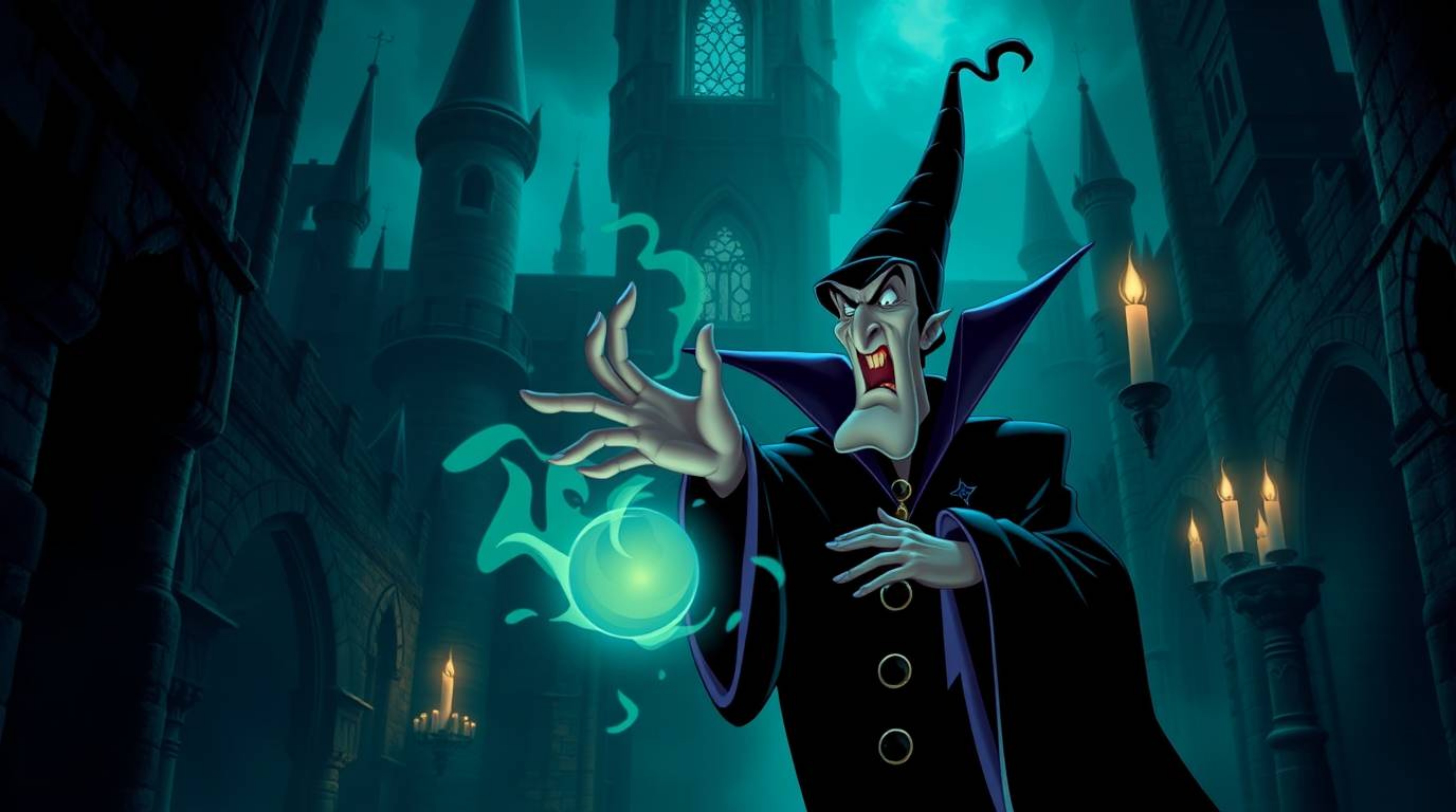 A captivating artwork depicting a classic Disney villain casting a spell within an ancient castle. Rendered in rich, deep tea