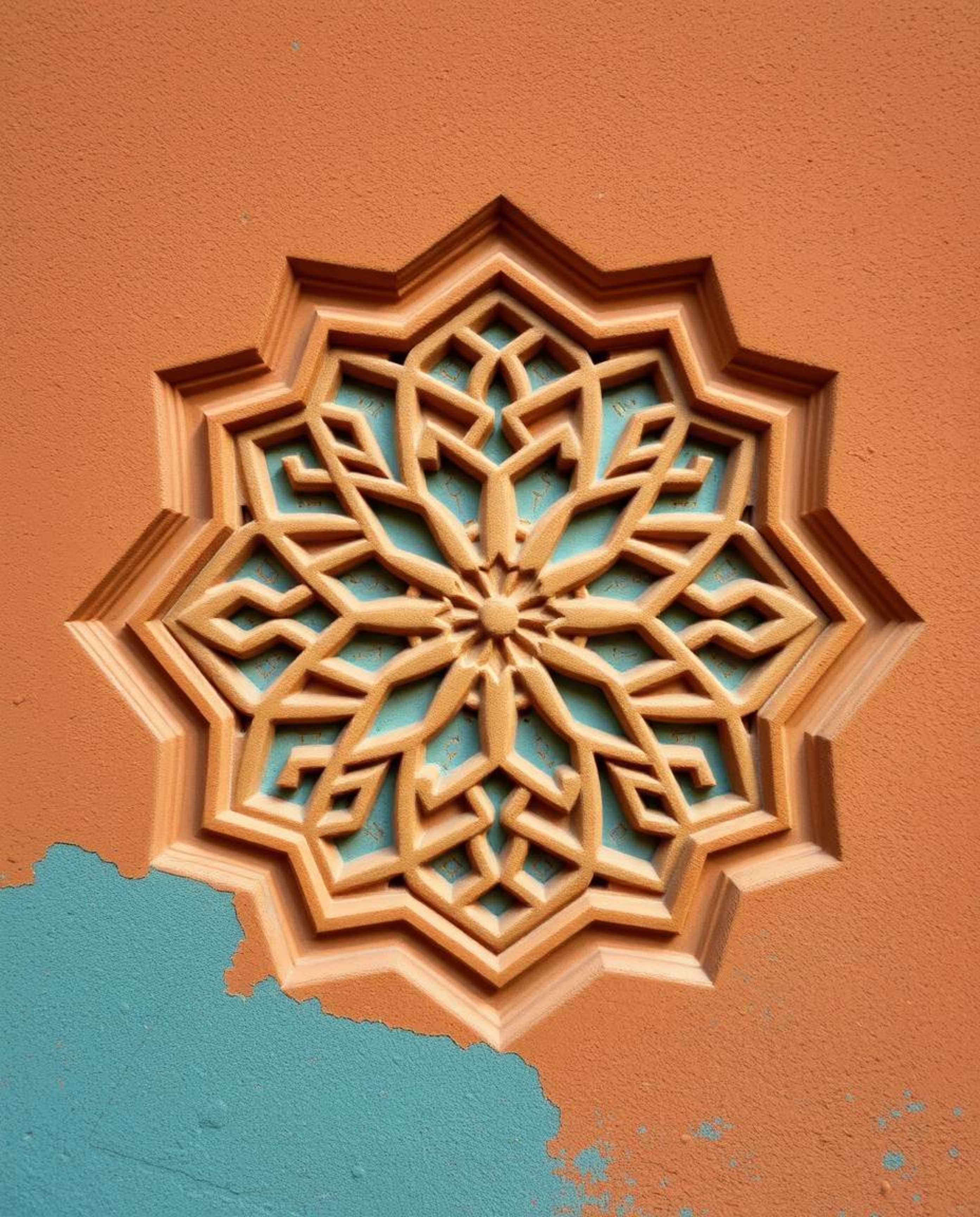 This high-resolution image showcases warm terracotta and cool teal Islamic geometric patterns meticulously carved into a ston