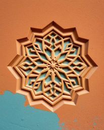 This high-resolution image showcases warm terracotta and cool teal Islamic geometric patterns meticulously carved into a ston