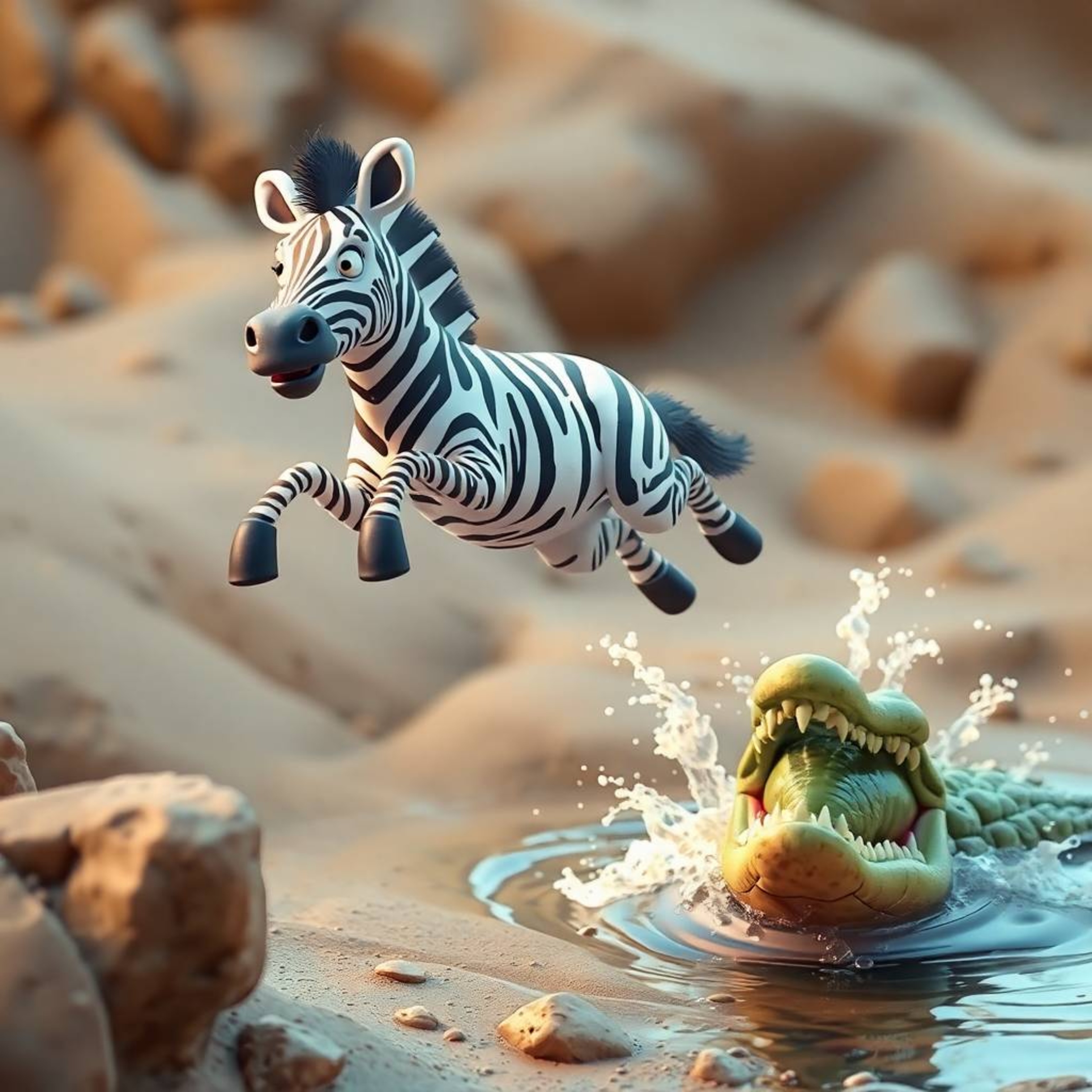 Experience a thrilling scene blending natural earth tones with futuristic sci-fi aesthetics. Witness a 3D cartoon zebra, port