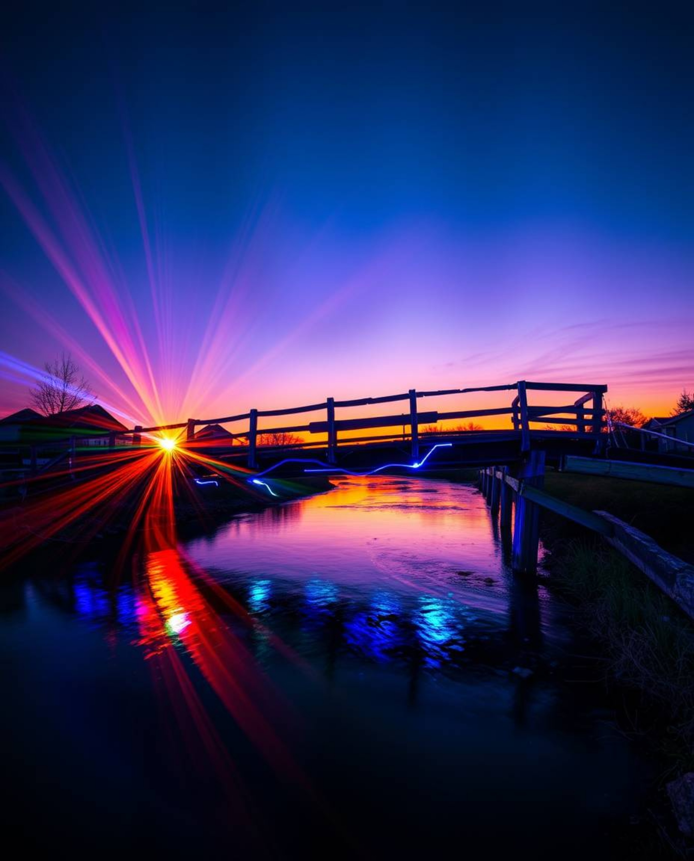 An old wooden bridge over a river at sunset is reimagined in striking, deep ultraviolet hues. The scene is characterized by v