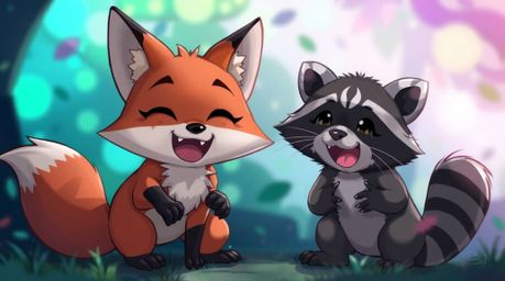 A captivating digital painting in a cool Isekai anime style showcases two expressive talking animals, a fox and a raccoon, en