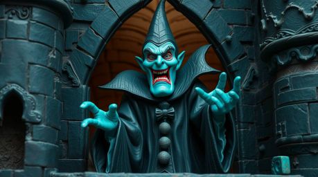 A classic Disney villain, sculpted from richly layered deep teal papier-mâché, casts a spell within an old, textured castle. 