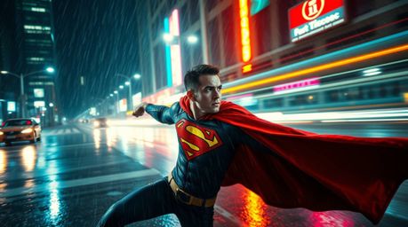 A long exposure photograph showcasing a dynamic battle between a superhero with a flowing cape and a comical villain in a rai