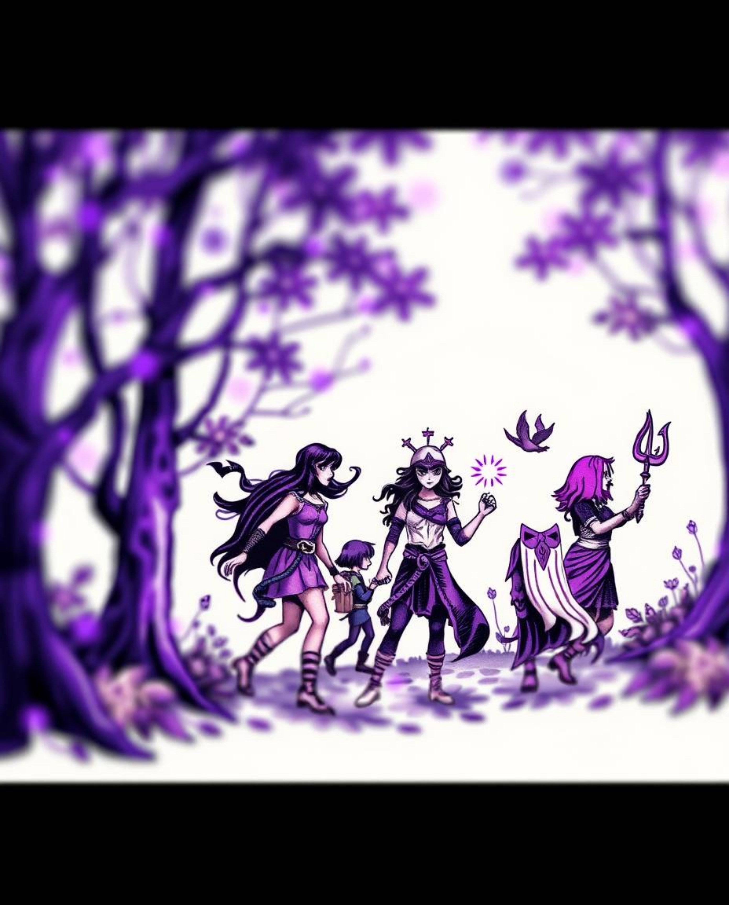 This symbolic traditional tattoo art print showcases a group of friends with unique powers exploring a forest, rendered with 