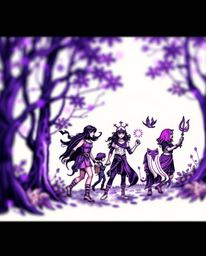 This symbolic traditional tattoo art print showcases a group of friends with unique powers exploring a forest, rendered with 
