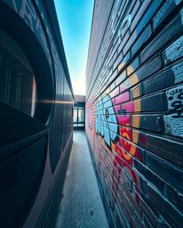This image showcases a high-angle perspective of vibrant graffiti art, bathed in gentle, soft light with diffused shadows. Th