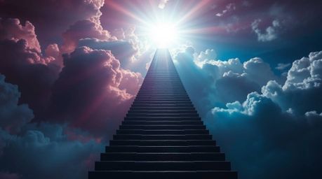 A breathtaking image depicts a surreal stairway ascending through ethereal clouds towards a radiant light.  The scene is rich