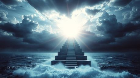 A modern, futuristic, and grand epic scene unfolds with a dramatically split composition. A staircase rises majestically from
