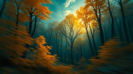 A vibrant digital painting depicting a dynamic autumn forest bathed in the golden light of a sunset.  Rich deep teal tones co