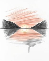 A dramatic cinematic hand-drawn sketch captures the reflection of a sunset in a glassy fjord. This piece, created with rough,