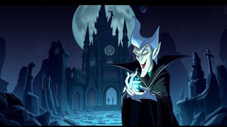 A classic Disney villain, characterized by sharp, angular features and pale skin, is depicted casting a spell inside a crumbl