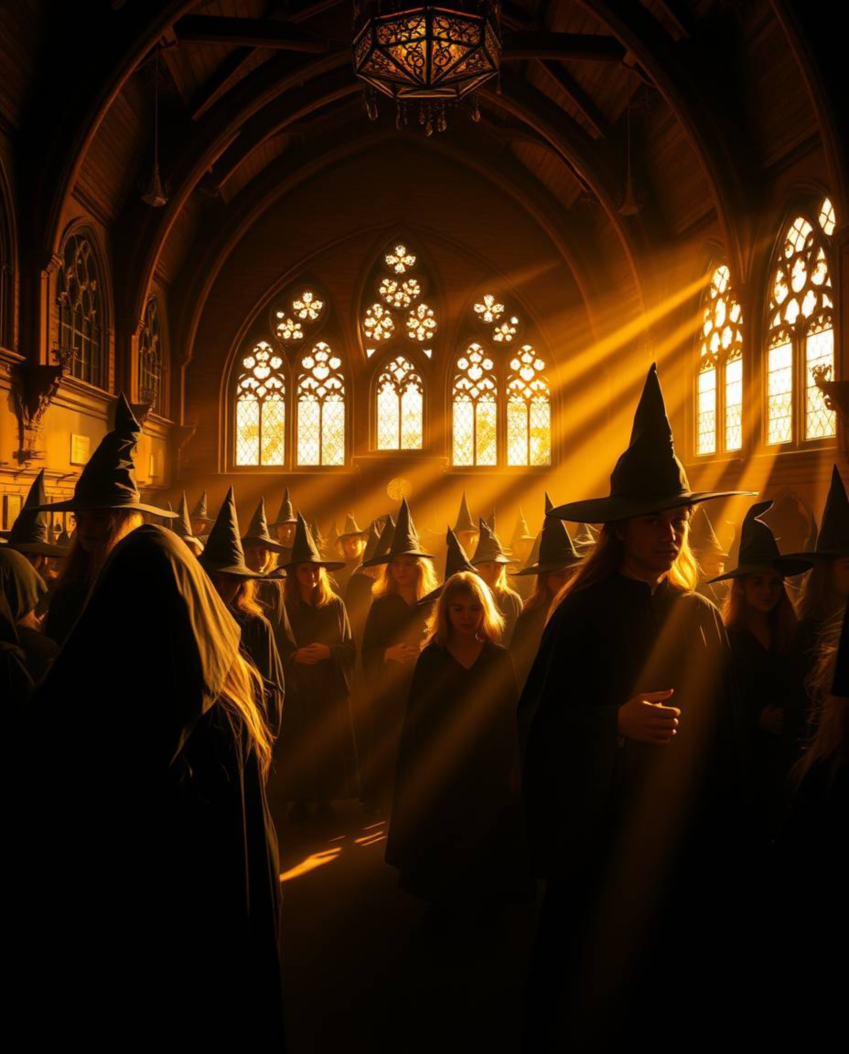 Immerse yourself in a magical school teeming with young wizards, bathed in a warm, golden light. This scene boasts high contr