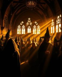 Immerse yourself in a magical school teeming with young wizards, bathed in a warm, golden light. This scene boasts high contr