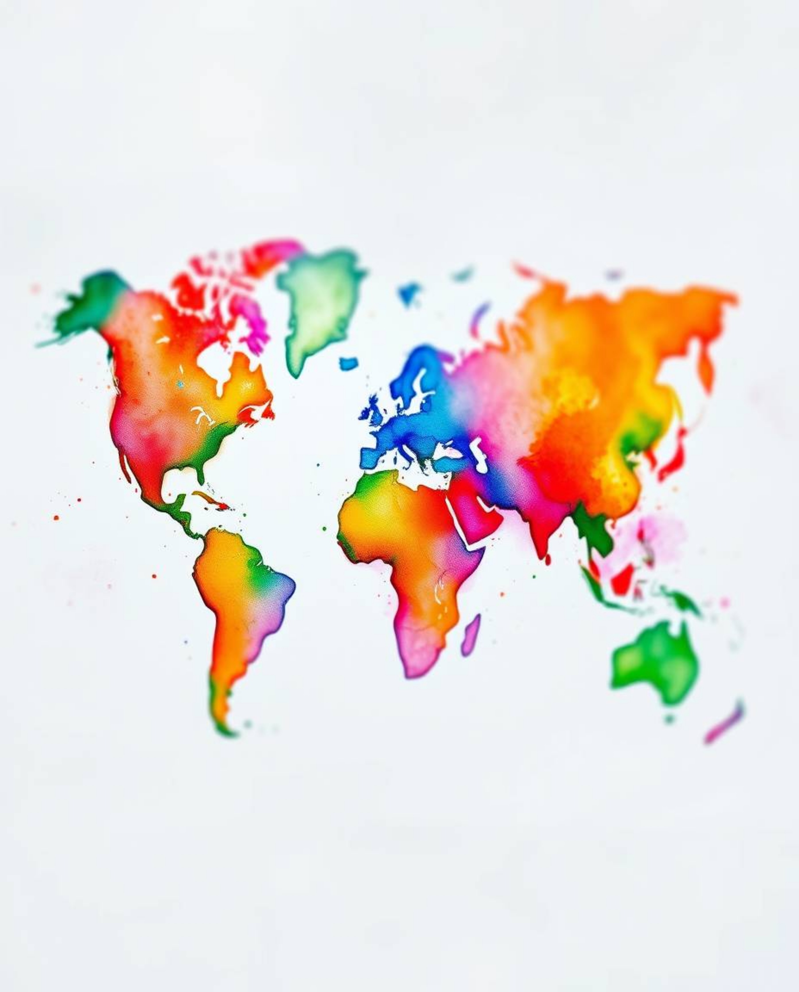 Explore a world of vibrant artistry with this delicate watercolor painting featuring an abstract world map. Formed by bright 