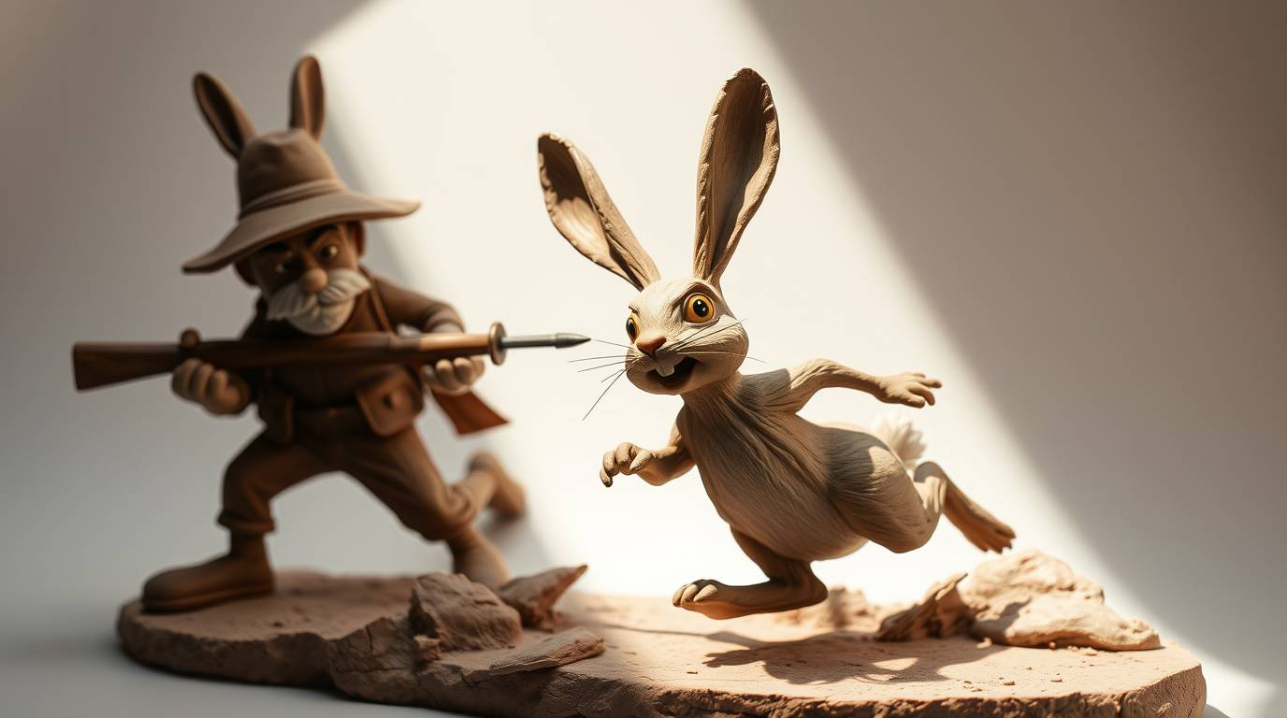 This sculptural clay art piece depicts a wacky rabbit in a humorous chase, outrunning a hunter in a slapstick style. The artw
