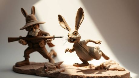 This sculptural clay art piece depicts a wacky rabbit in a humorous chase, outrunning a hunter in a slapstick style. The artw