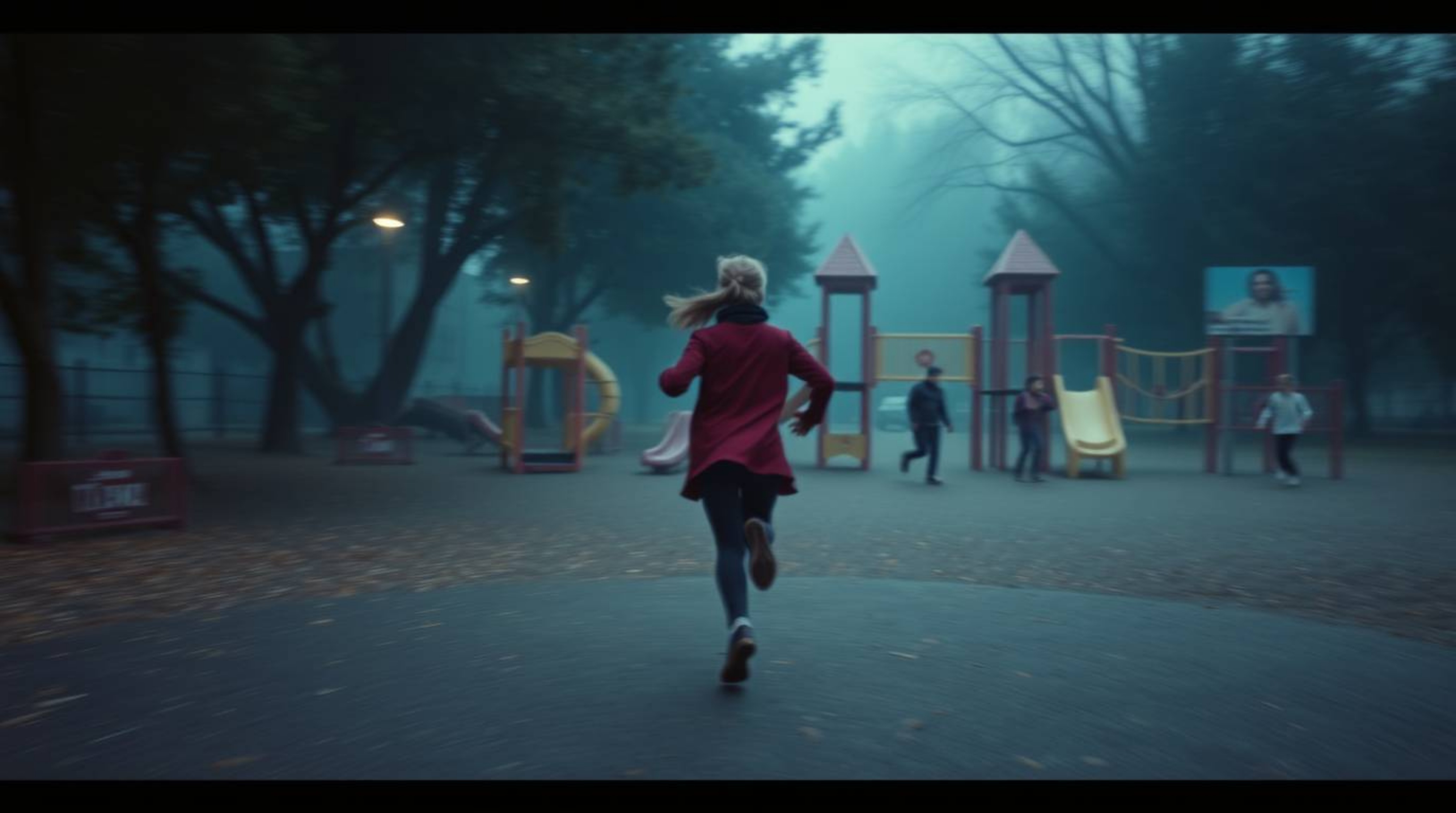 Experience a captivating scene of a dramatic slow-motion run through a playground, rendered in a cinematic style with soft fo