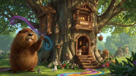 A highly detailed, high-resolution stock photo captures a kind-faced beaver with fluffy brown fur, building the perfect treeh