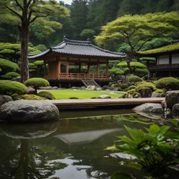 Escape to a serene Japanese Zen garden, a haven of peace featuring traditional wooden tea houses and a tranquil pond. Lush gr