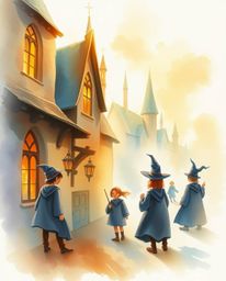 A delicate watercolor painting captures the enchanting essence of a magical school teeming with young wizards. Bathed in the 