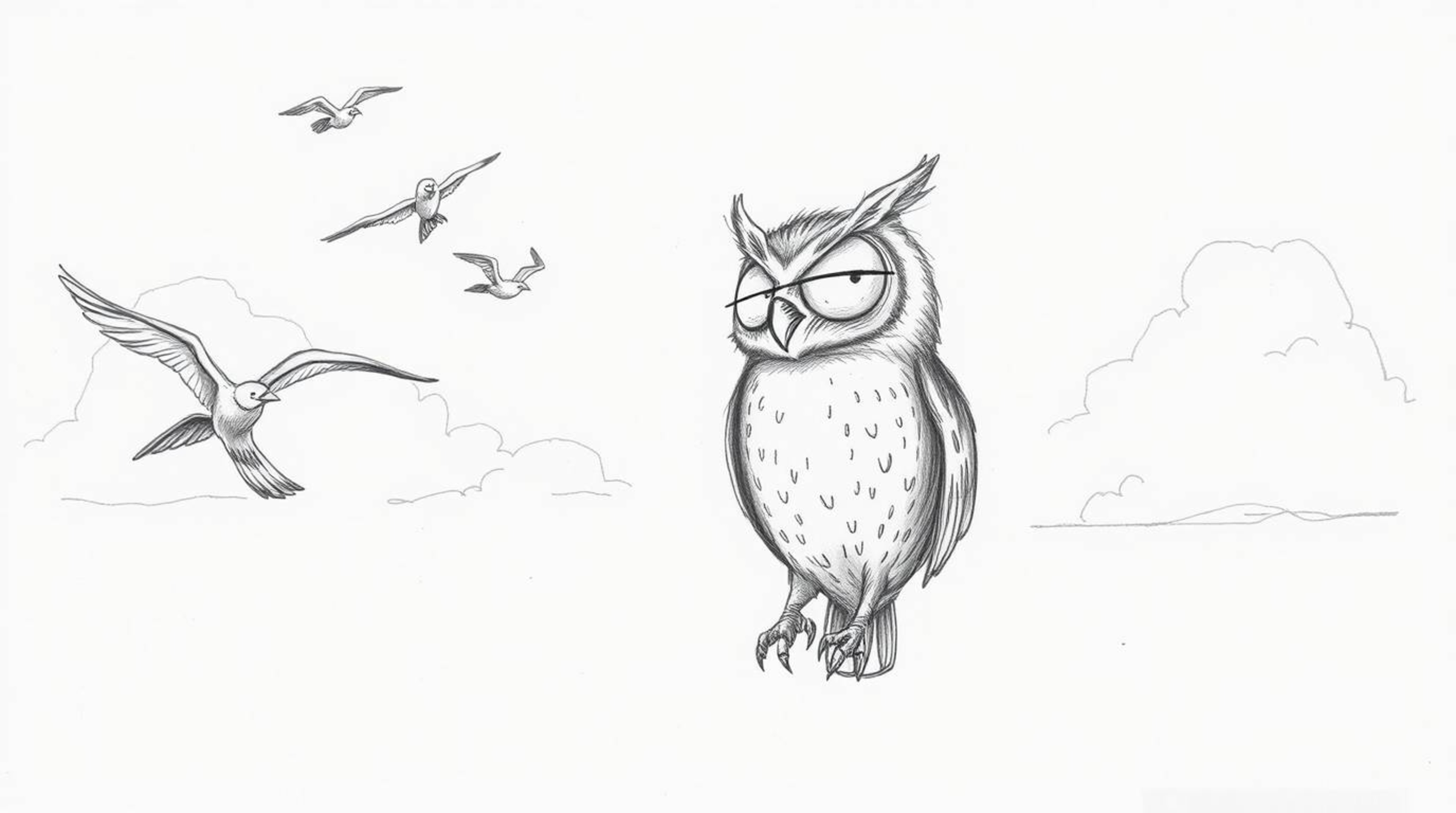 A heartwarming Pixar-esque scene featuring a blind owl with gentle features, guiding a group of birds in flight.  The backdro
