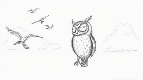A heartwarming Pixar-esque scene featuring a blind owl with gentle features, guiding a group of birds in flight.  The backdro