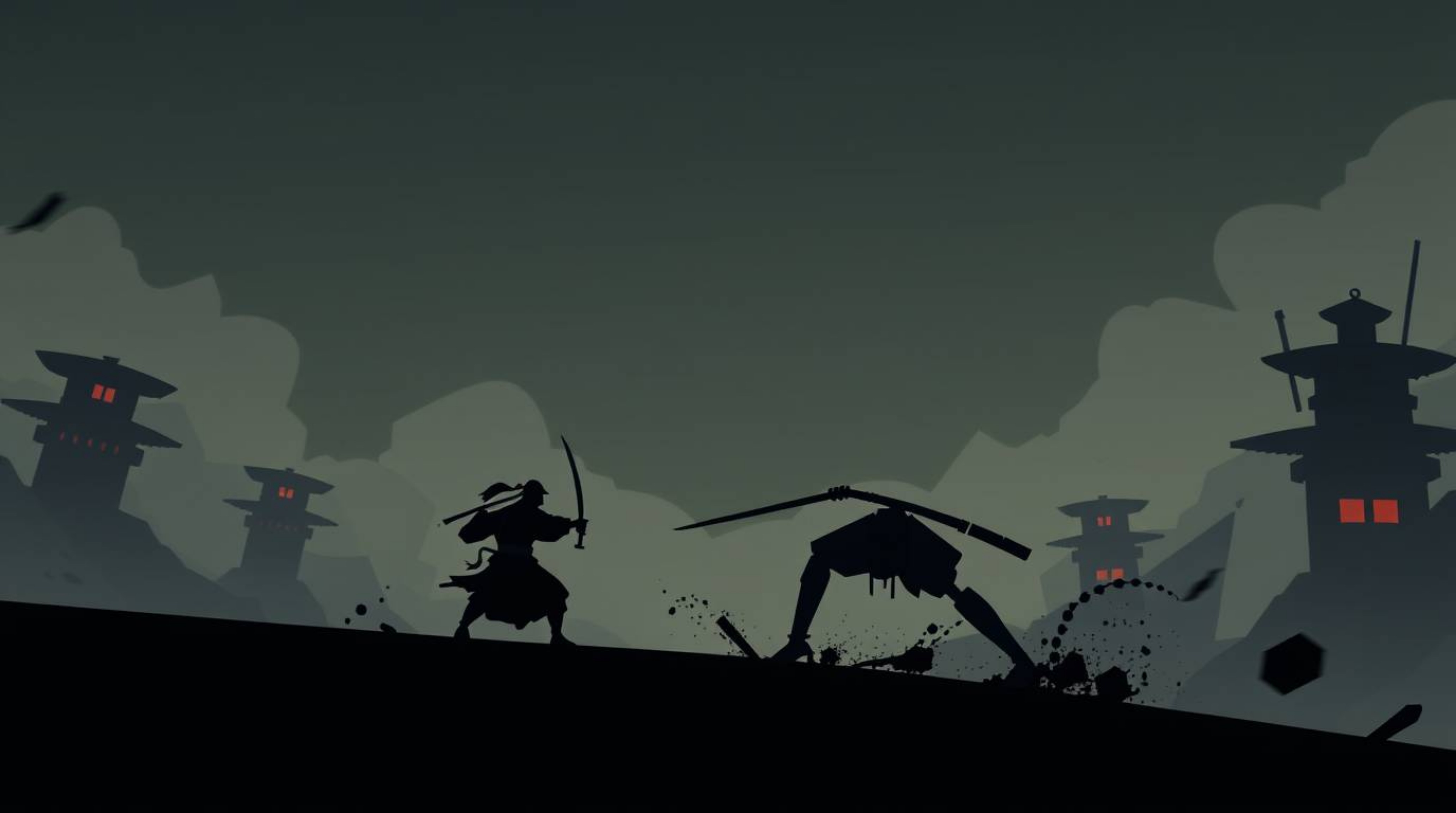 Explore a modern flat design illustration showcasing an epic battle between a samurai and a robot in a dystopian world.  This