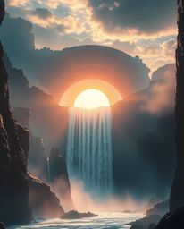 Experience an epic scene of a sun setting behind a dramatic waterfall, envisioned in a modern, futuristic style. This artwork