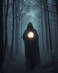 A captivating surreal image depicts a cloaked figure shrouded in mist within a dark forest, holding a luminous orb.  The scen