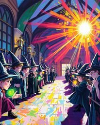 Experience the vibrant energy of a magical school filled with young wizards in this bold acrylic painting. Bright lens flares