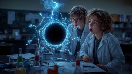 A dynamic, cinematic photograph in a vibrant, Pixar-esque style captures a science fair duo amidst a cluttered lab table. The