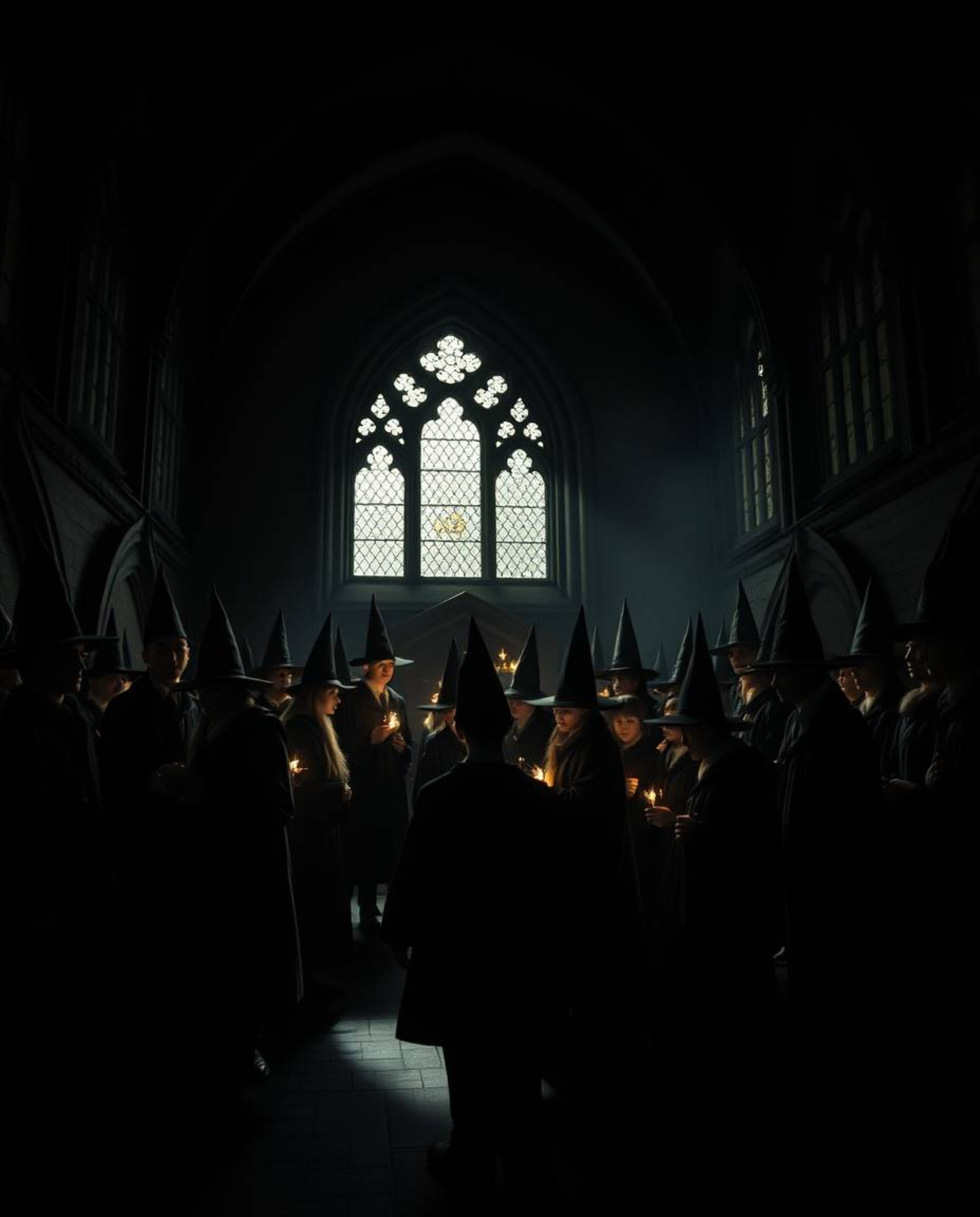 Explore a magical school brought to life with dramatic cinematic style, featuring high contrast, low-key lighting, and deep s