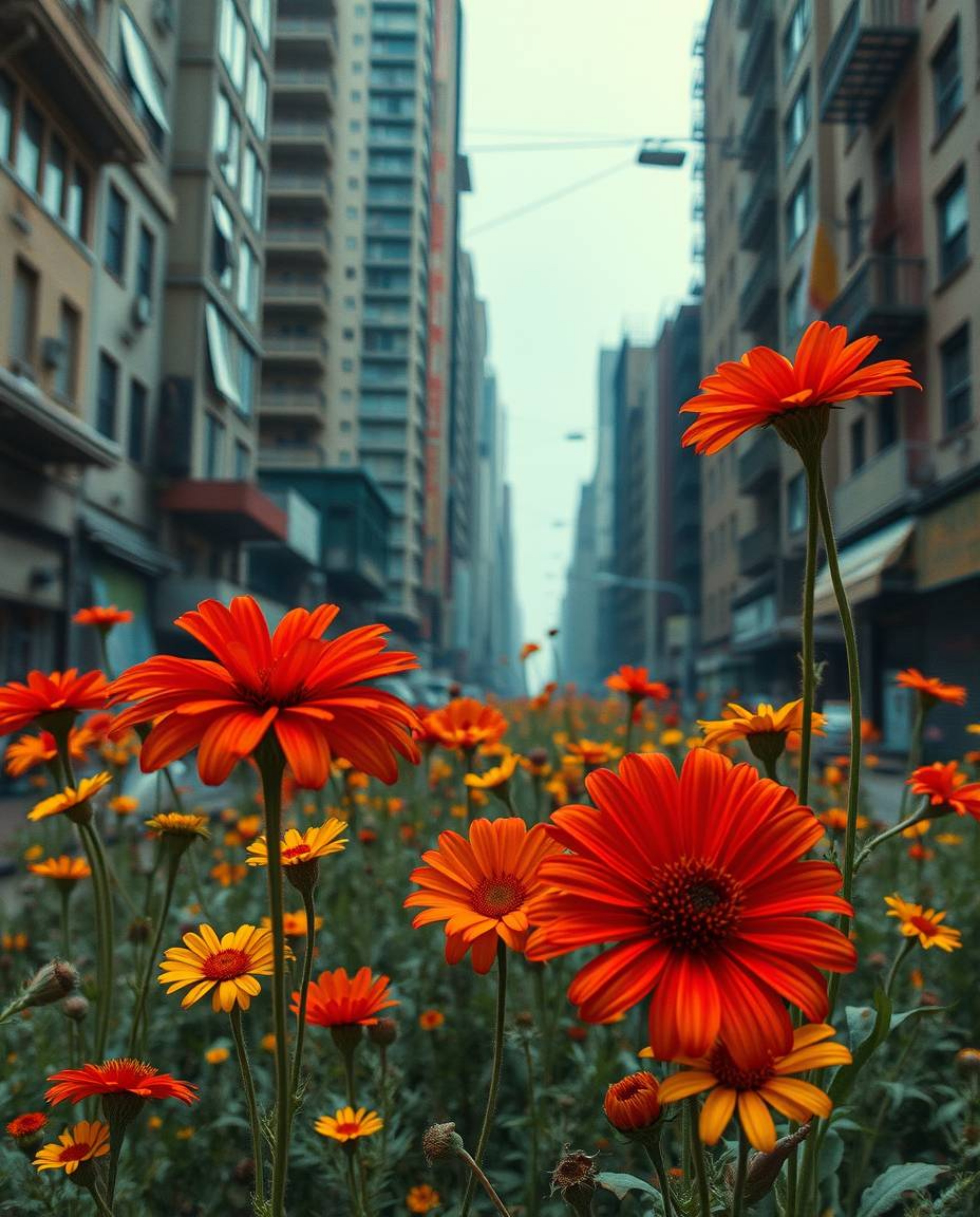 Imagine a vibrant and unexpected scene: warm-hued flowers in reds, oranges, and yellows blooming amidst the ruins of a post-a