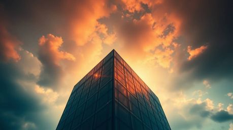 A modern glass building dissolves into a sky of soft clouds, creating an eerie and unsettling atmosphere. The use of reds, or