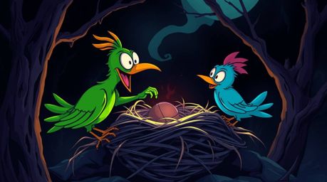 A vibrant and eerie animation featuring two cartoon birds building a nest in a classic style. The scene balances bright, vibr