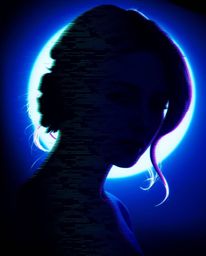 This digital glitch art features a stylized portrait silhouette, bathed in cool backlighting.  The image utilizes a pixelated