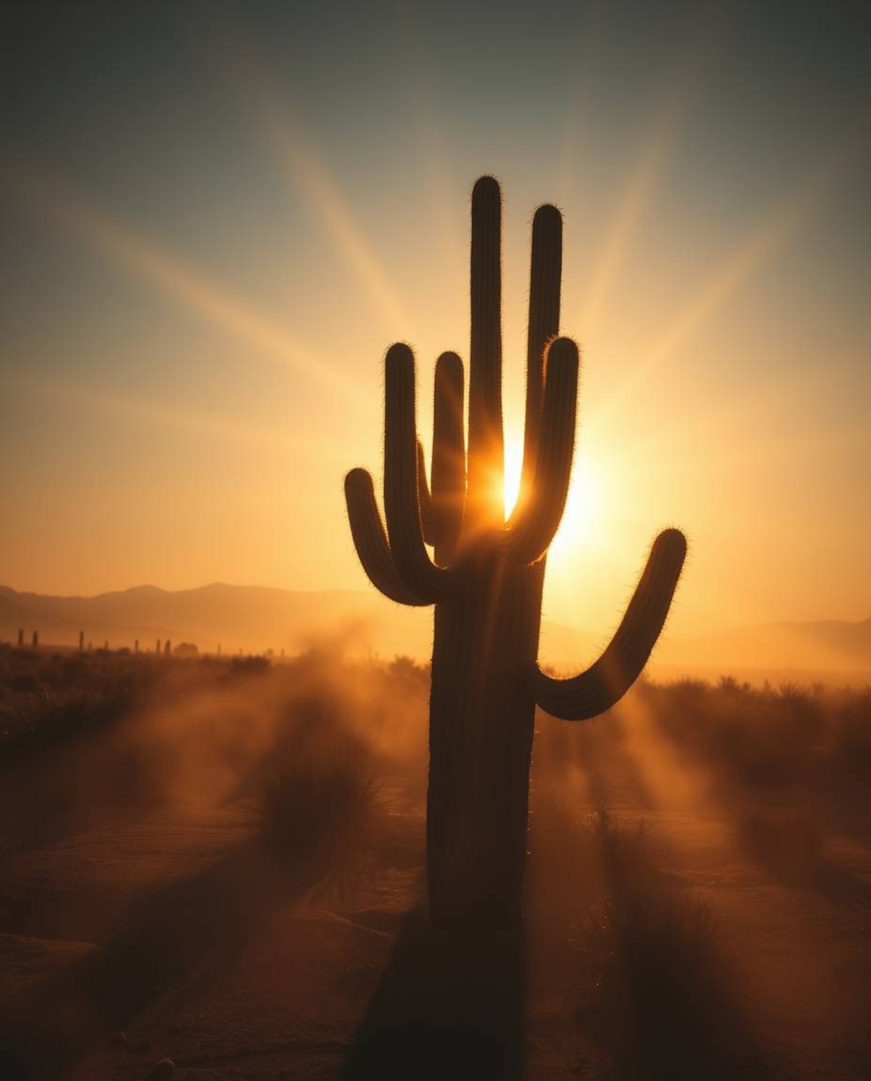 A grand and epic desert cactus glows in the setting sun, illuminated by stunning volumetric lighting and a prominent lens glo