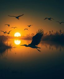 A golden hour scene in the wetlands is captured with high contrast and dramatic low-key lighting, featuring herons in flight.