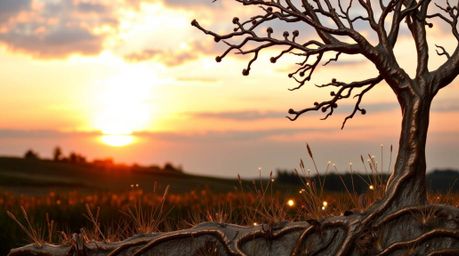 A captivating bronze sculpture depicting a serene sunset over a tranquil meadow, with the enchanting emergence of fireflies. 