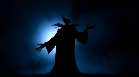 A classic Disney villain is silhouetted against strong backlighting, creating a dramatic contrast that emphasizes their shape