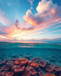 An adorable and charming image depicts a colorful sky over a coral reef at low tide. This artwork is characterized by its smo
