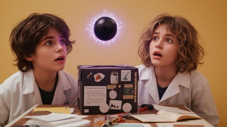 In a vibrant, cinematic photograph capturing the essence of a Pixar-inspired scene, two teenage science fair participants rea