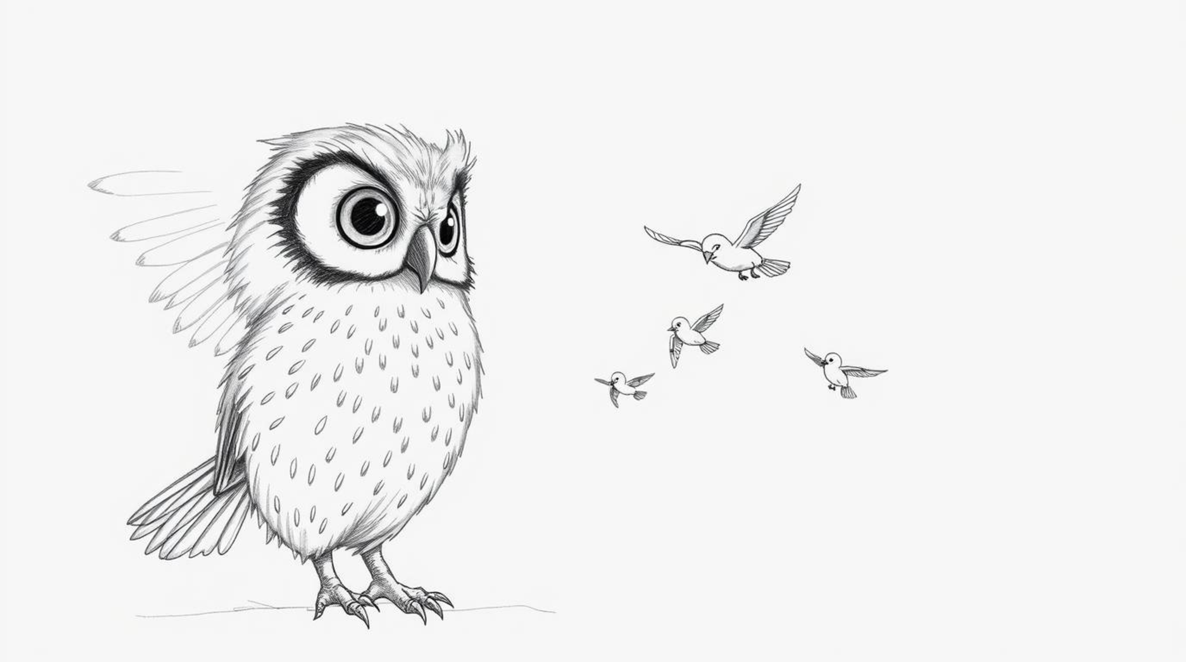 A heartwarming hand-drawn pencil sketch depicts a large-eyed, blind owl with soft downy feathers, guiding small birds in flig