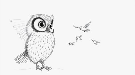 A heartwarming hand-drawn pencil sketch depicts a large-eyed, blind owl with soft downy feathers, guiding small birds in flig
