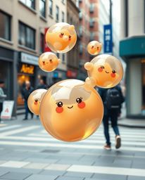 Explore captivating street photography style 3D renders featuring adorable and cute fluid organic blobs crafted with transluc