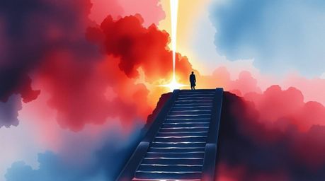 A captivating watercolor painting featuring a lone figure ascending a stone staircase towards a divine light beam.  The artwo