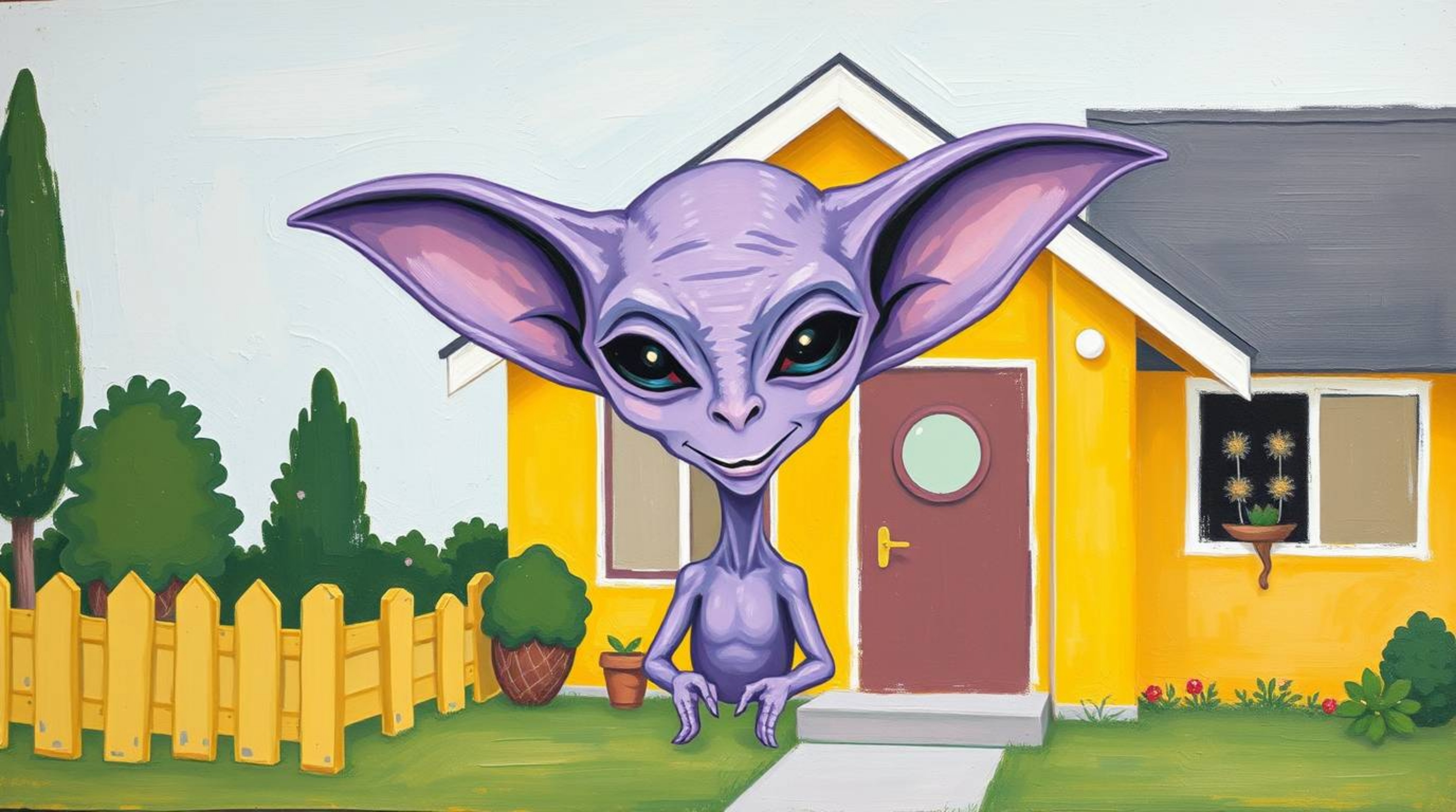 This bold acrylic painting depicts a friendly, purple-skinned alien with large ears, residing peacefully in a yellow suburban